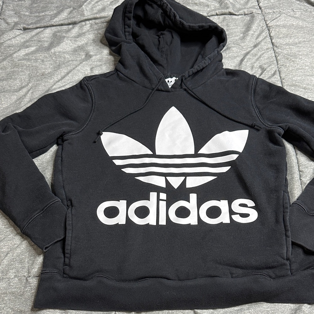 Adidas Sz S Black Hoodie with Pockets Pullover w/ Large White Trefoil Logo 2018